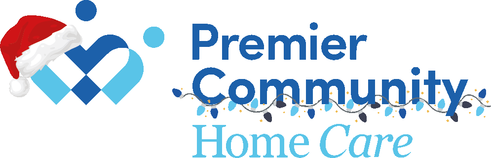 Premier Community Home Care Christmas Logo with a santa hat on the logo and blue Christmas lights between the community and homecare text.