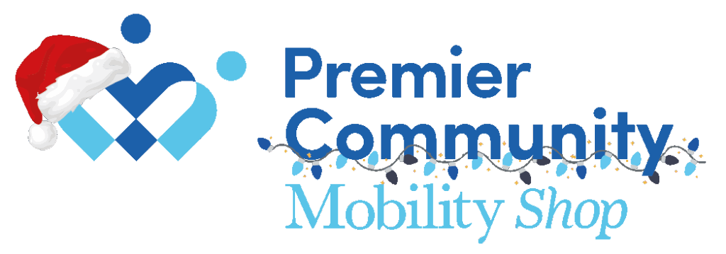 Premier Community Mobility Christmas Logo with a Santa hat on the logo and blue Christmas lights between the community and Mobility text.