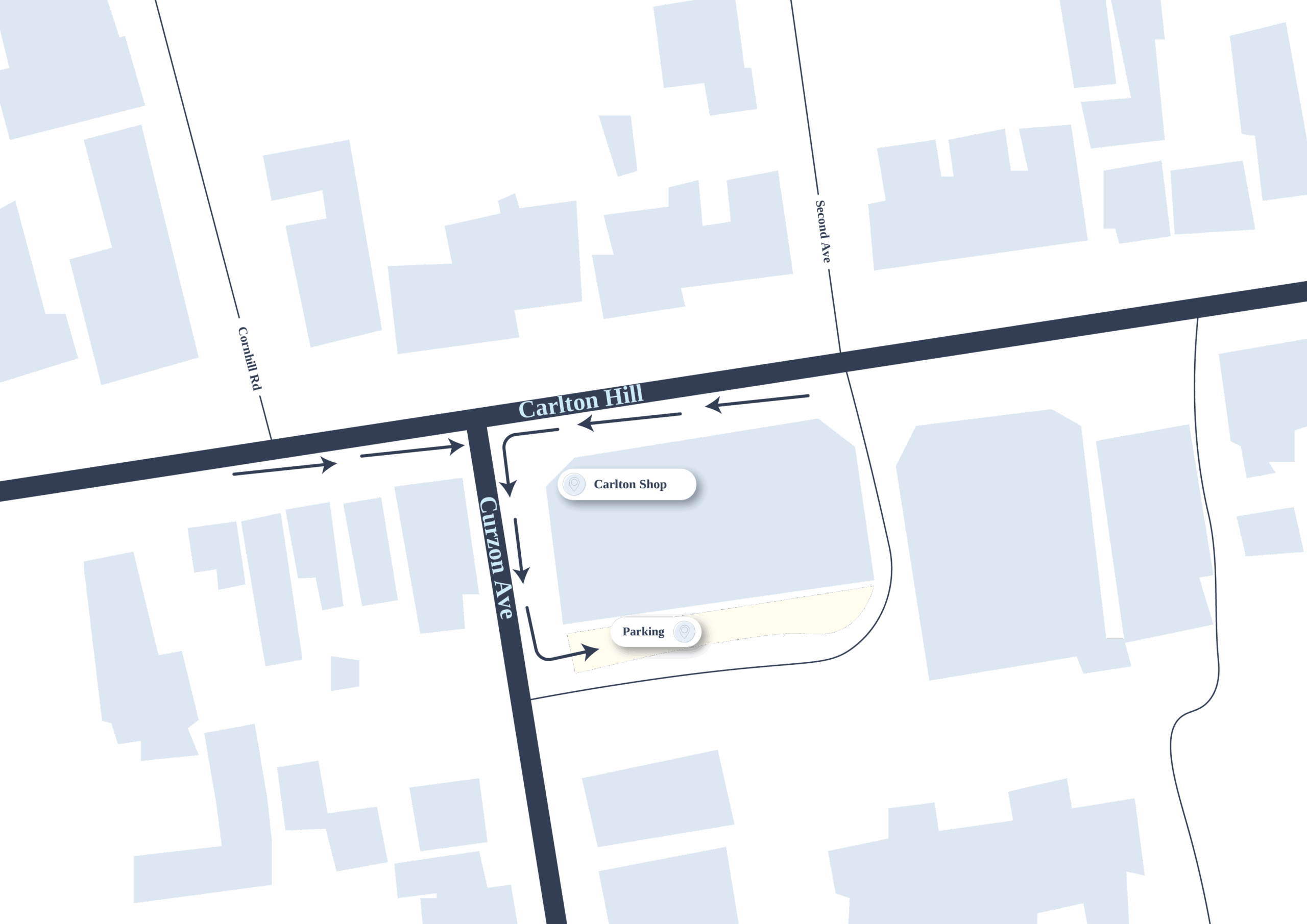 A simple map with arrows directing you to the parking for the Carlton Shop.
