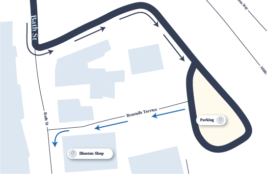 A simple map with arrows directing you to the nearest parking for the Ilkeston Shop.