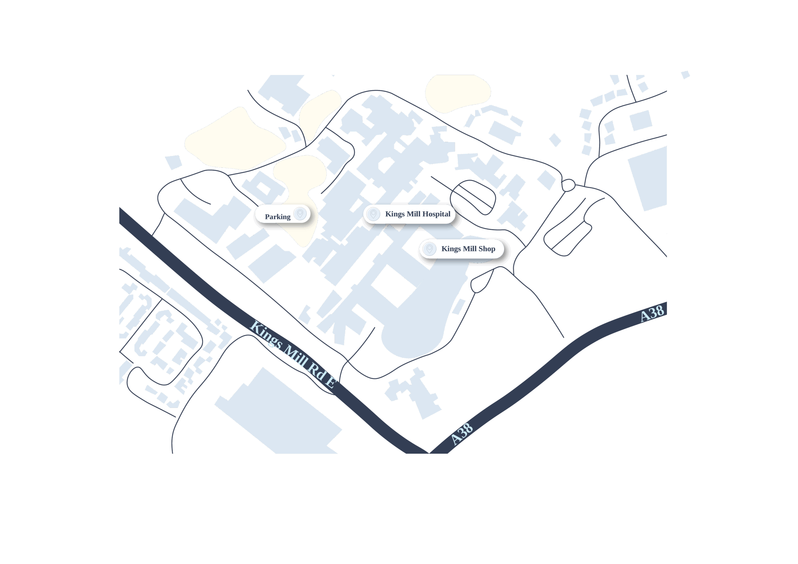 A simple map with arrows directing you to the parking for the Kings-Mill Shop.