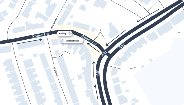 A simple map with arrows directing you to the parking for the Sheffield Shop.