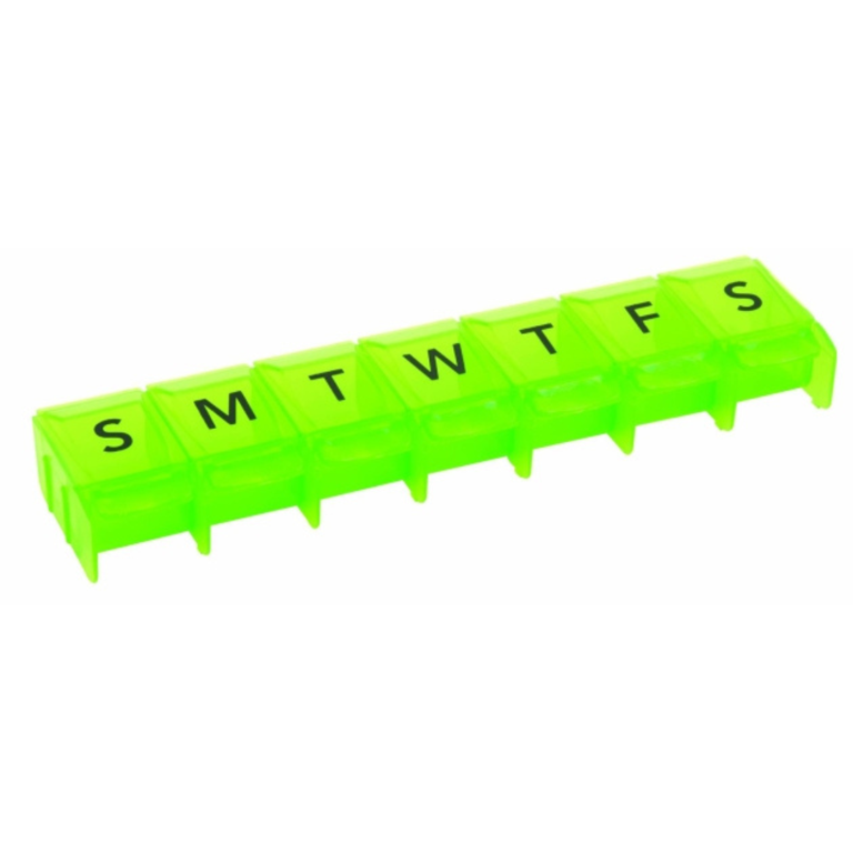 a green pill box with black letters
