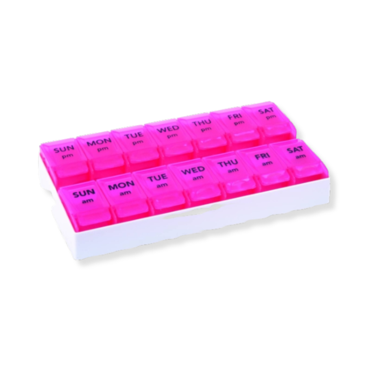 A pink pill box with black letters the 7 Day AM/PM Push To Open