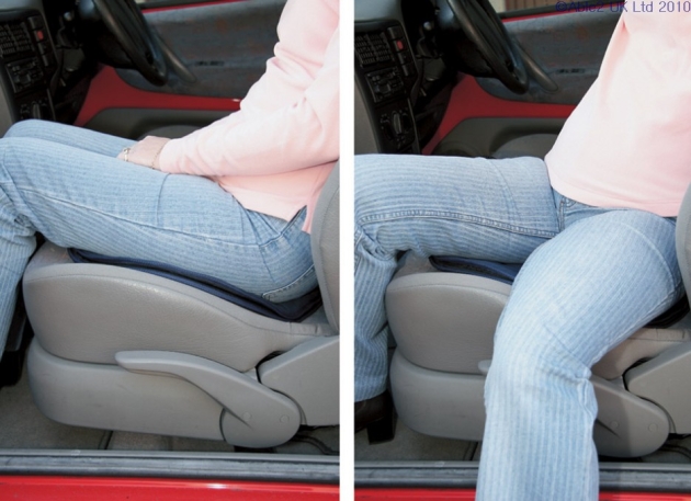 A person sitting on the Able2 Soft Transfer Seat, exampling it.