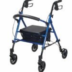 Adjustable Seat Height Aluminium Rollator Blue on a white background.