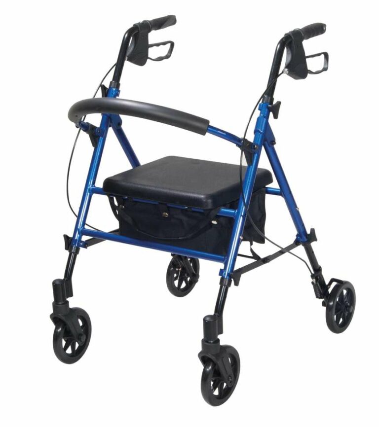 Adjustable Seat Height Aluminium Rollator Blue on a white background.