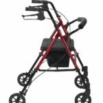 Adjustable Seat Height Aluminium Rollator Red on a white background.