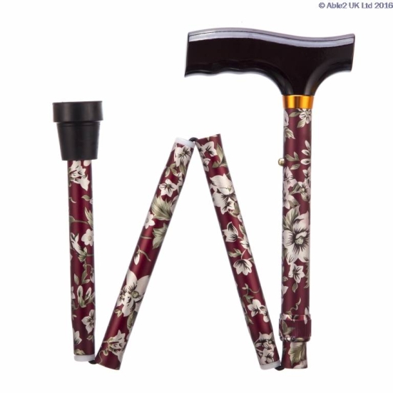Able2 Adjustable Folding Walking Sticks - Burgundy Floral in a W shape Folded on a white background.