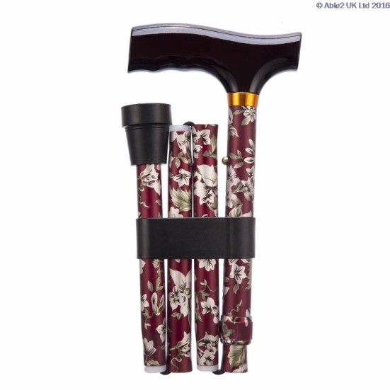 Able2 Adjustable Folding Walking Sticks - Burgundy FloralFolded and tied together on a white background.