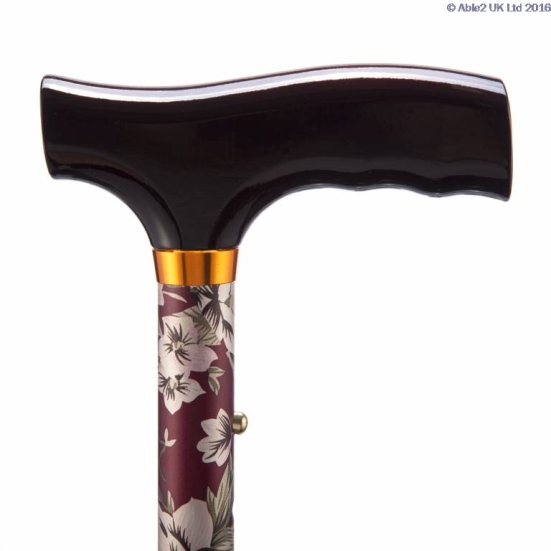 Able2 Adjustable Folding Walking Sticks- Burgundy Floral Handle on a white background.
