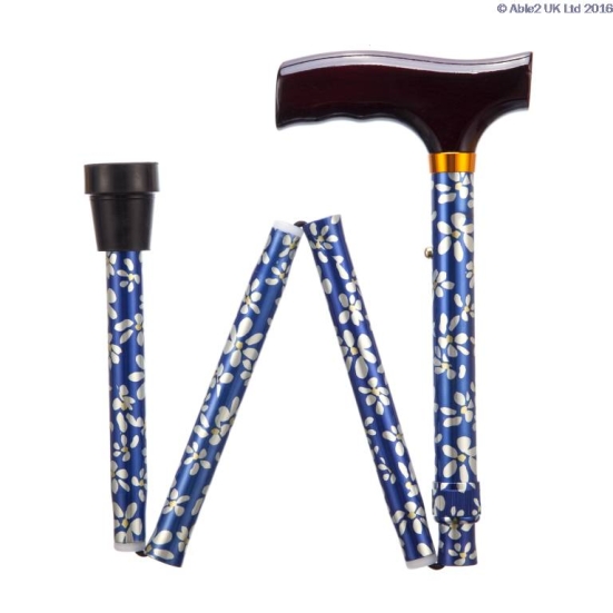 Able2 Adjustable Folding Walking Sticks Blue Petal folded slightly in W shape on a white background.