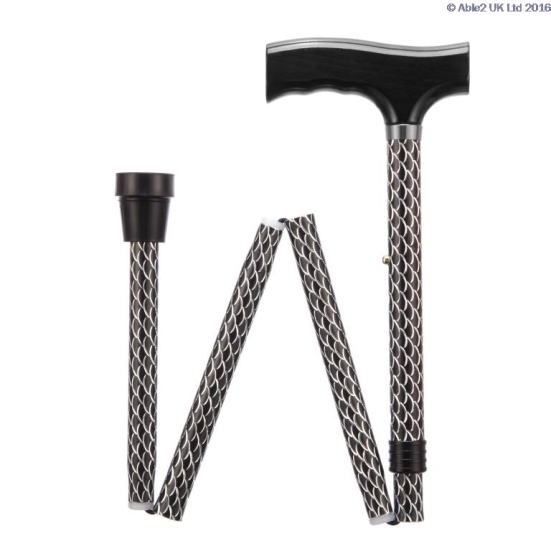 Able2 Adjustable Folding Walking Sticks folded slightly in a W shape on a white background.