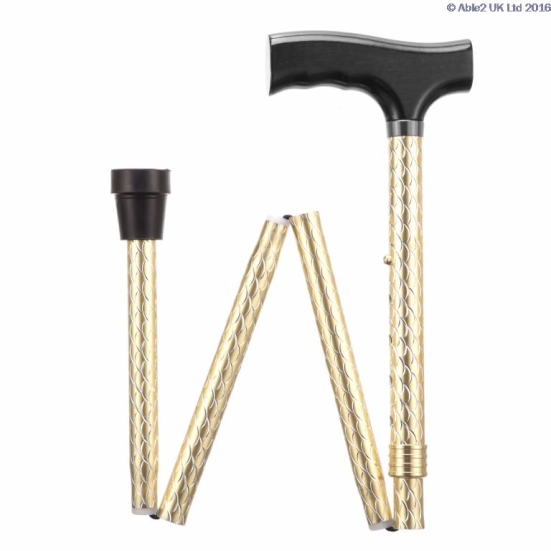 Able2 Adjustable Folding Walking Sticks Gold Folded slightly in the shape of a W on a white background