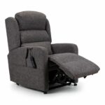 Custom Camberley Single Motor Riser Recliner with the foot rest raised on a white background.
