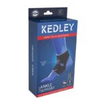 A blue box with a blue and black ankle support containing the Kedley Advanced Ankle Support