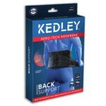 A blue box with a man wearing a back support belt the box contains - Kedley Advanced Back Support