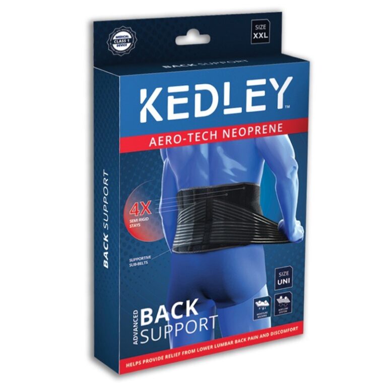 A blue box with a man wearing a back support belt the box contains - Kedley Advanced Back Support