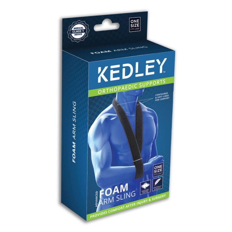 A blue box with a blue and green label holding the Kedley Advanced Foam Arm Sling