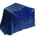 a blue tent with metal legs