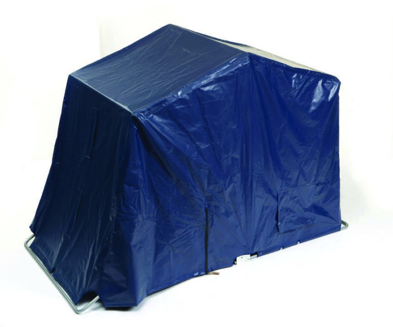 a blue tent with metal legs