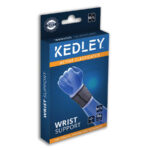 A blue and orange wrist support package containing Kedley Active Elasticated Wrist Support