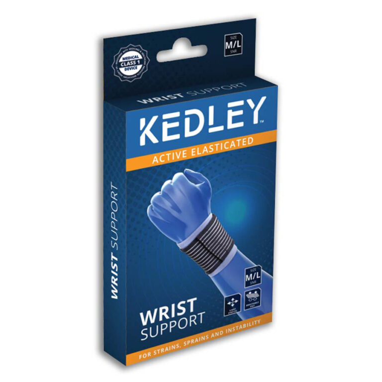 A blue and orange wrist support package containing Kedley Active Elasticated Wrist Support