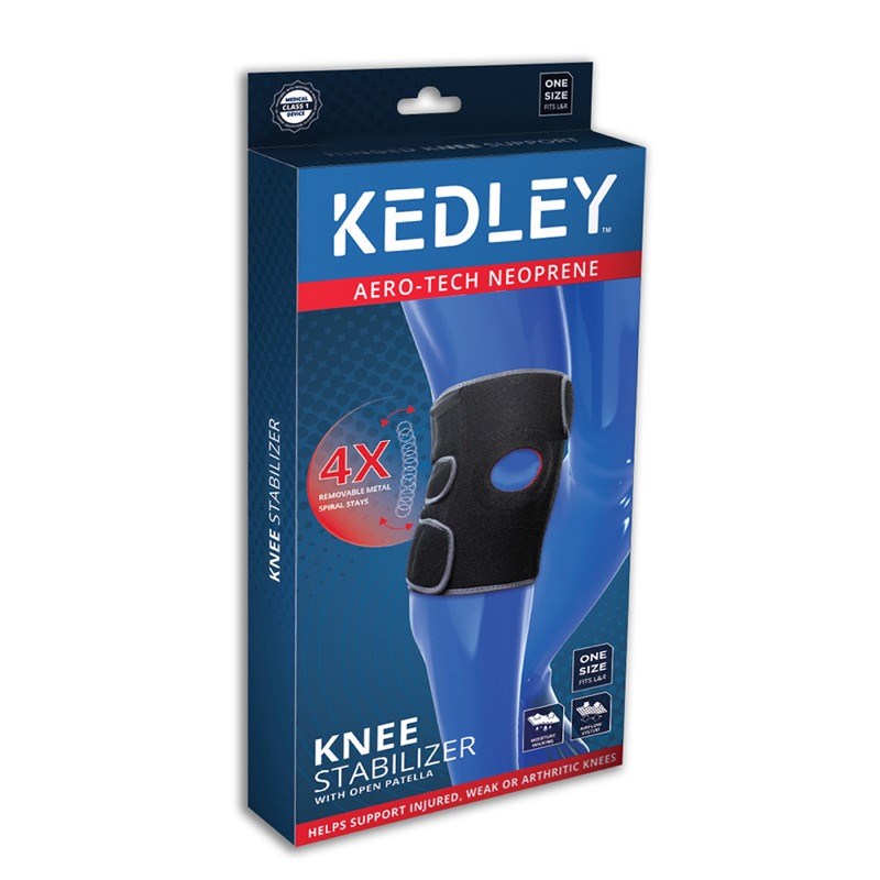 A blue box with a black Kedley Knee Support (with Stabilizer)