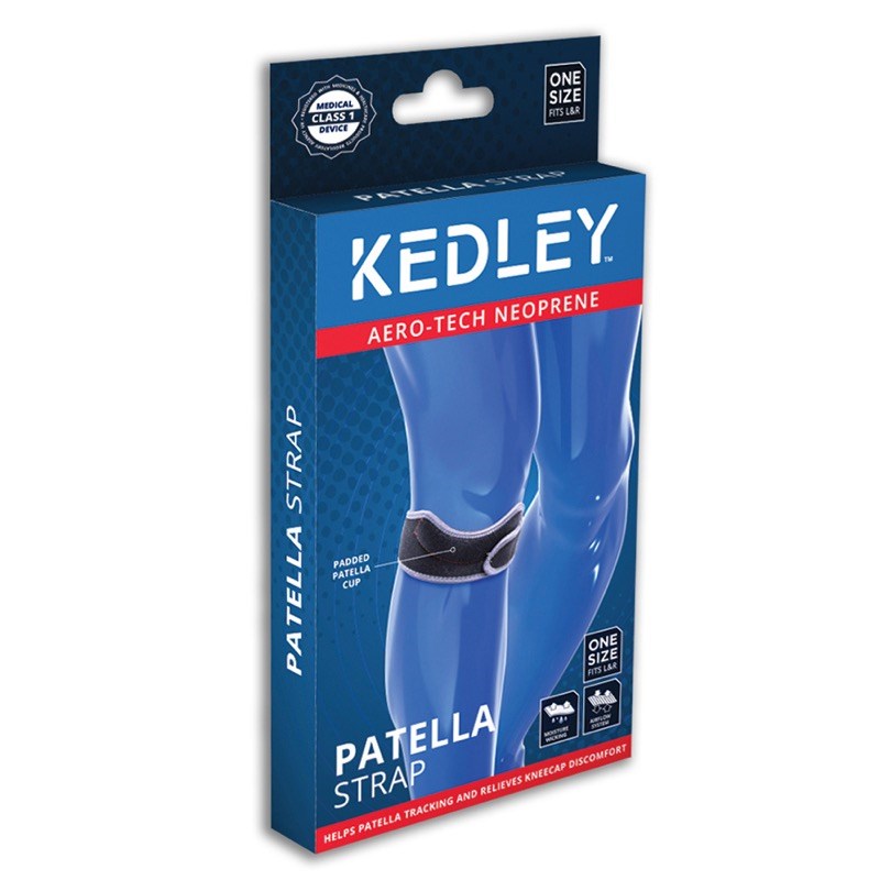 A blue and white package with a blue and black strap that is the Kedley Patella Brace in its box.