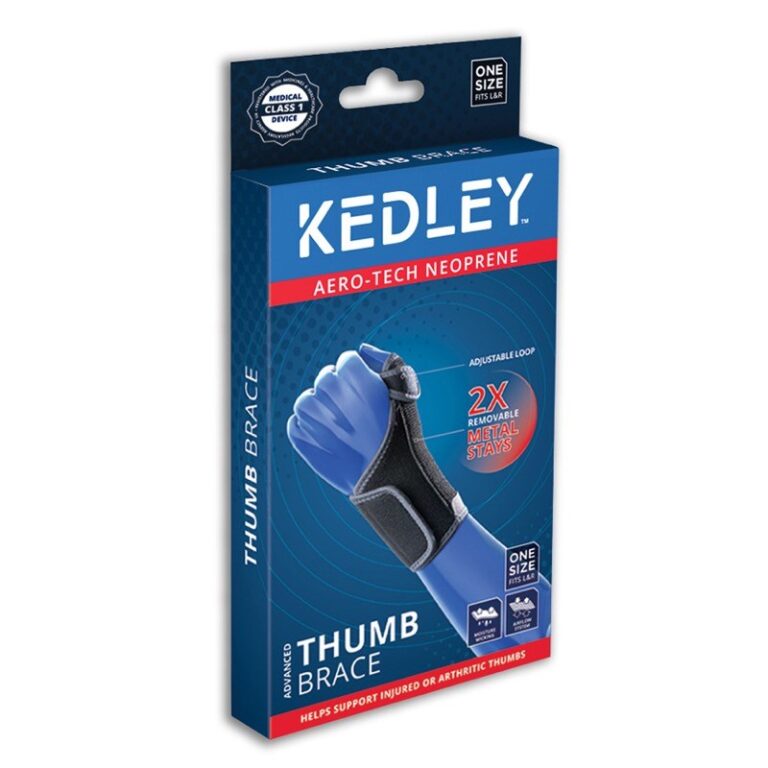 A blue and black bandage, the Kedley Thumb Brace Support with Stays on a white background