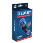 A blue box with a hand and wrist splint the Kedley Wrist Support (with Metal Splint) on a white background.