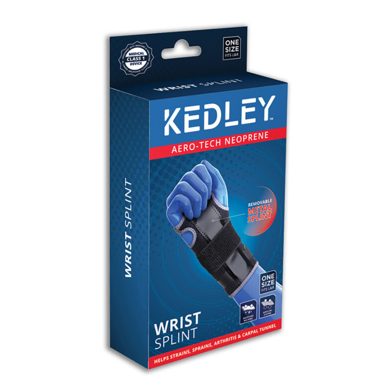 A blue box with a hand and wrist splint the Kedley Wrist Support (with Metal Splint) on a white background.