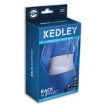 A blue box with a person wearing a waist support, the Kedley Pro-Light Neoprene Back Support