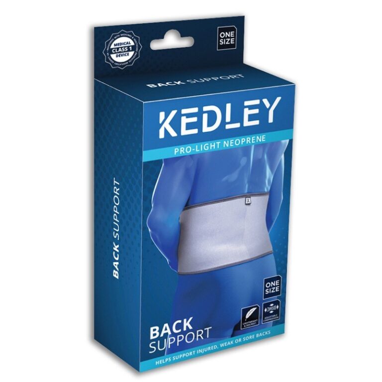 A blue box with a person wearing a waist support, the Kedley Pro-Light Neoprene Back Support