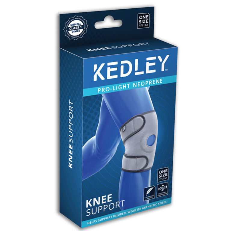 A blue and white box with a knee support the Kedley Pro-Light Neoprene Knee Support