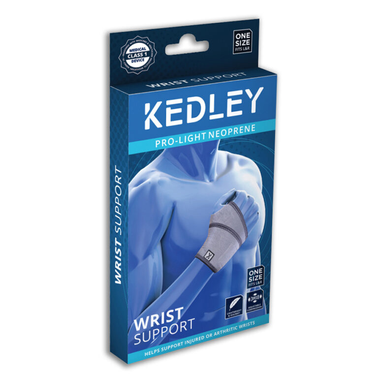 A blue box with a person wearing a wrist support, the Kedley Pro-Light Neoprene Wrist Support.