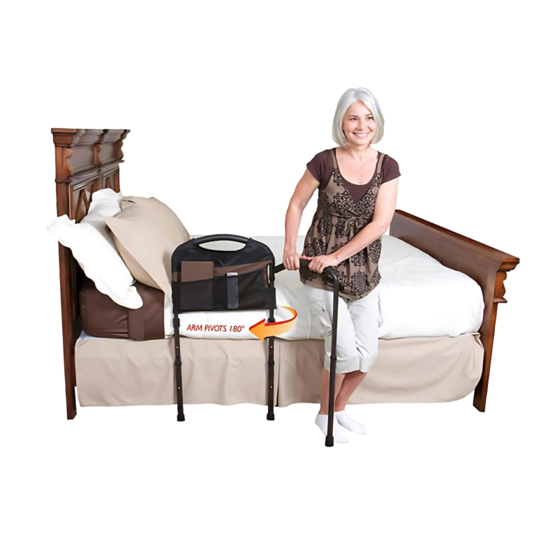 Woman getting up from a bed using a Stander Mobility Bed Rail