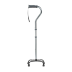 Folding Quad Cane - a metal walking stick with a handle sitting on a white background.