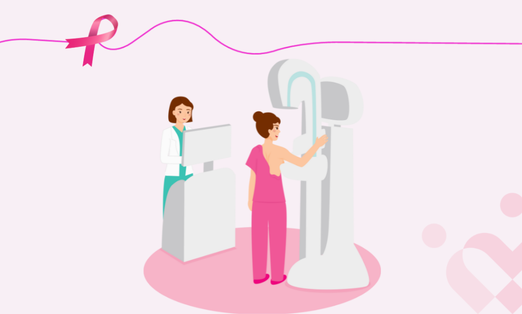 a woman in pink clothing standing next to a mammogram machine