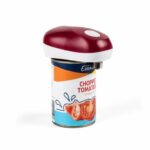Drive Automatic Can Opener sitting on top of a can of tomatoes on a white background.
