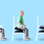 A blue background showing a person sitting onto the Uplift Powered Lifting Cushion, this image is split into 3 sections showcasing how it works.