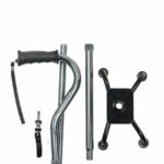 Folding Quad Cane - a metal walking stick with a handle section parts sitting on a white background.