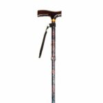 Folding Walking Stick with Strap - Black Paisley on a white background.