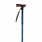 Folding Walking Stick with Strap- Blue Crackle on a white background.
