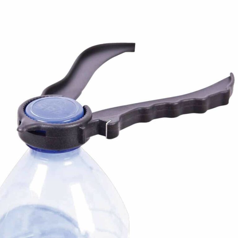 Plastic Multi Opener being used on a plastic bottle and a white background.