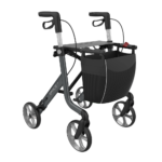 Space LX Art Line Rollator in Sober Grey, facing forward, but slightly to the right of the camera, on a white background.