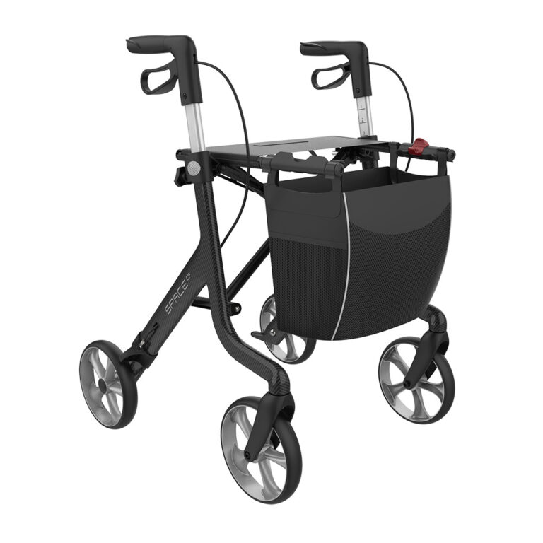 Space CF Rollator Black with a basket on a white background.
