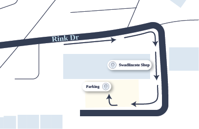 A simple map with arrows directing you to the parking for the Swadlincote Shop.