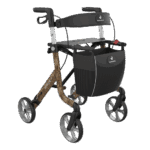 Space LX Art Line Rollator in Cheetah facing forward but slightly to the right of the camera on a white background.