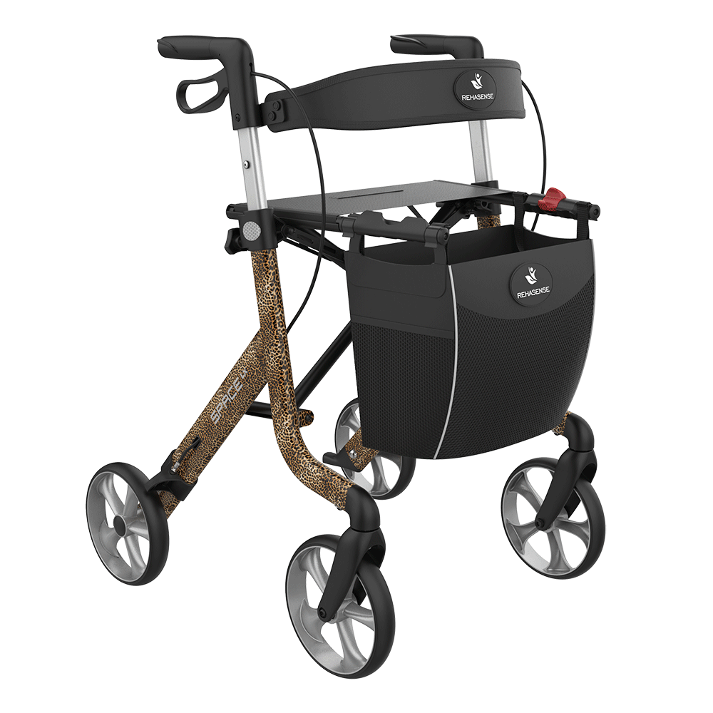 Space LX Art Line Rollator in Cheetah facing forward but slightly to the right of the camera on a white background.